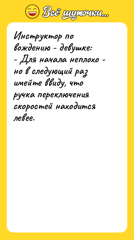 Инструктор по вождению - девушке: - Для начала неплохо