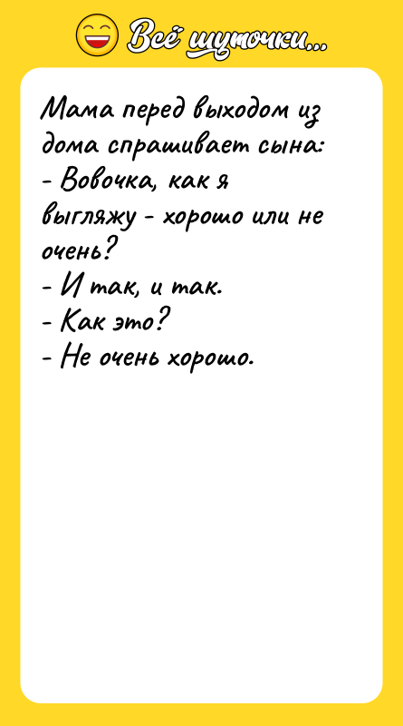 Мама перед выходом из дома спрашивает сына: - Вовочка, как