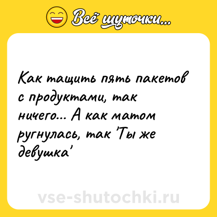 Шутка: Как тащить пять пакетов с продуктами, так ничего… А как матом ругнулась, так 'Ты же девушка'