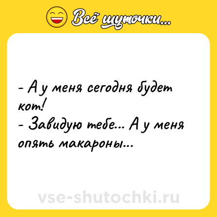 Шутка: - А у меня сегодня будет кот!<br>- Завидую тебе... А у меня опять макароны...