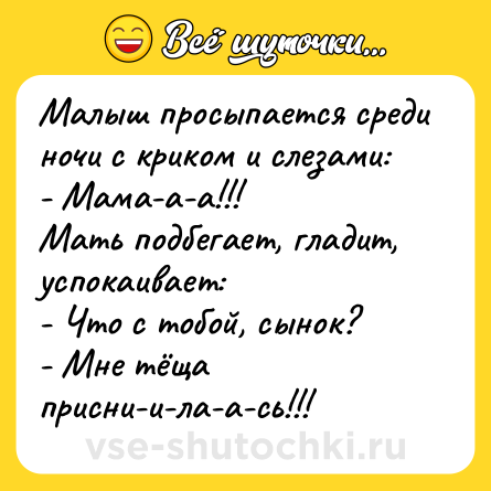 Шутка: Малыш просыпается среди ночи с криком и слезами:<br>- Мама-а-а!!!<br>Мать подбегает, гладит, успокаивает:<br>- Что с тобой, сынок?<br>- Мне тёща присни-и-ла-а-сь!!!