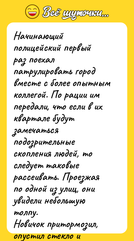 Начинающий полицейский первый раз поехал патрулировать город вместе с более