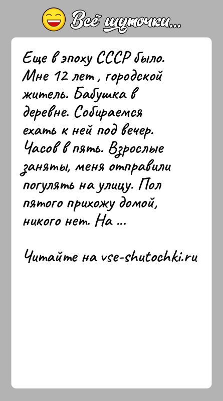 История: Еще в эпоху СССР было. Мне 12 лет , городской житель. Бабушка в деревне. Собираемся ехать к ней под вечер.