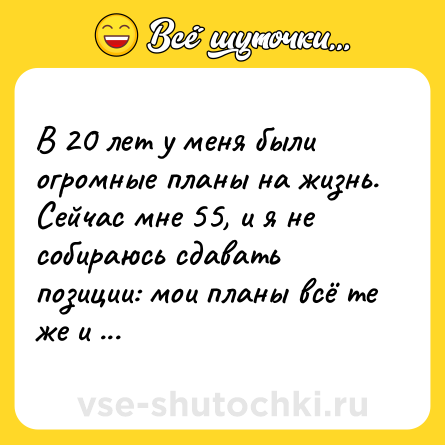 Шутка: В 20 лет у меня были огромные планы на жизнь. Сейчас мне 55, и я не собираюсь сдавать позиции: мои планы всё те же и такие же огромные.