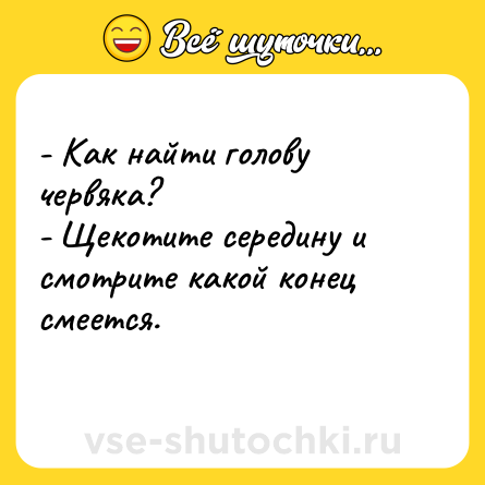 Шутка: - Как найти голову червяка?<br>- Щекотите середину и смотрите какой конец смеется.<br>