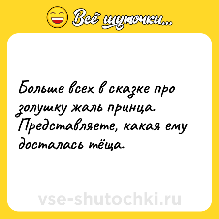 Шутка: Больше всех в сказке про золушку жаль принца. Представляете, какая ему досталась тёща.