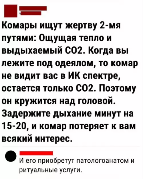 Лайфхак против комаров: работа или смерть? 🦟💀 - Комары ищут жертву 2-мя путями: Ощущая тепло и выдыхаемый СО2.