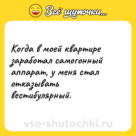 Шутка: Когда в моей квартире заработал самогонный аппарат, у меня стал отказывать вестибулярный.