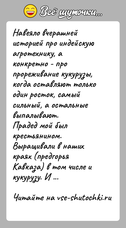 История: Навеяло вчерашней историей про индейскую агротехнику, а конкретно - про прореживание кукурузы, когда оставляют только один росток, самый сильный, а