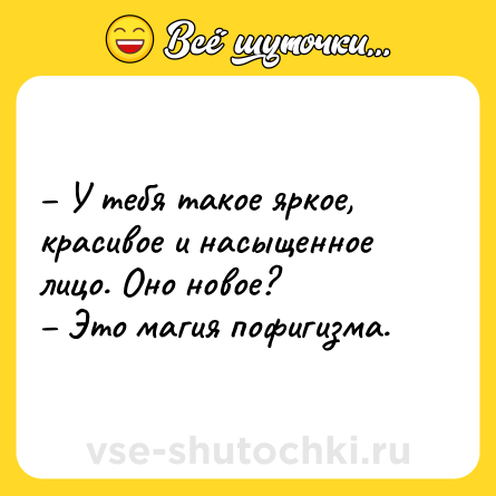 Шутка: – У тебя такое яркое, красивое и насыщенное лицо. Оно новое? <br>– Это магия пофигизма.