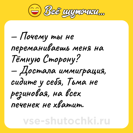 Шутка: — Почему ты не переманиваешь меня на Тёмную Сторону?<br>— Достала иммиграция, сидите у себя, Тьма не резиновая, на всех печенек не хватит.