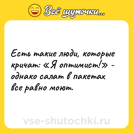 Шутка: Есть такие люди, которые кричат: «Я оптимист!» - однако салат в пакетах все равно моют.