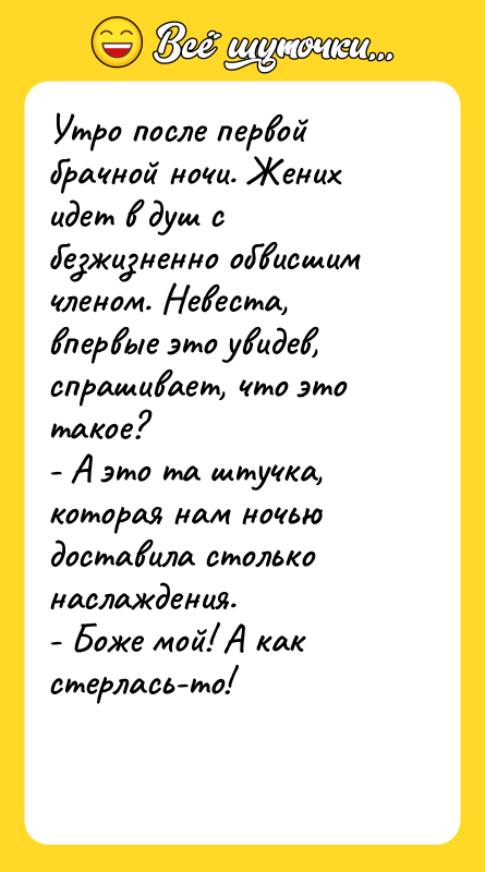 Утро после первой брачной ночи. Жених идет в душ с