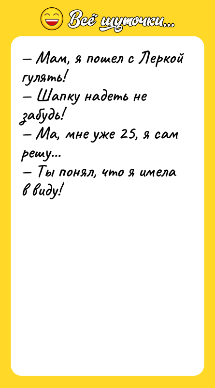 — Мам, я пошел с Леркой гулять! — Шапку надеть