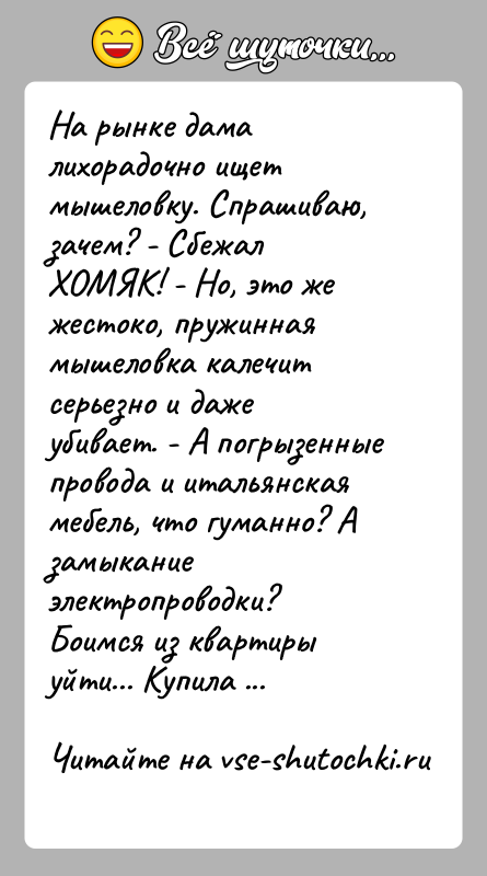 История: На рынке дама лихорадочно ищет мышеловку. Спрашиваю, зачем? - СбежалХОМЯК! - Но, это же жестоко, пружинная мышеловка калечит серьезно и