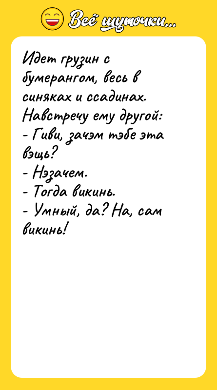 Идет грузин с бумерангом, весь в синяках и ссадинах. Навстречу