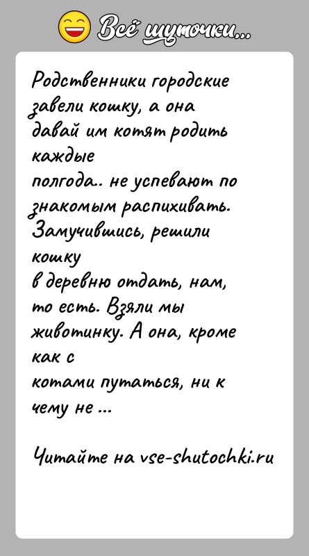 История: Родственники городские завели кошку, а она давай им котят родить каждыеполгода.. не успевают по знакомым распихивать. Замучившись, решили кошкув деревню