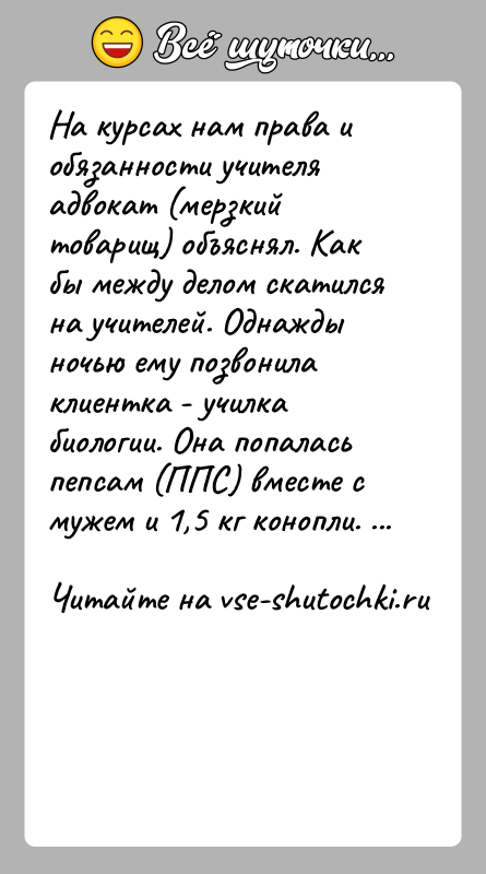 История: На курсах нам права и обязанности учителя адвокат (мерзкий товарищ) объяснял. Как бы между делом скатился на учителей. Однажды ночью