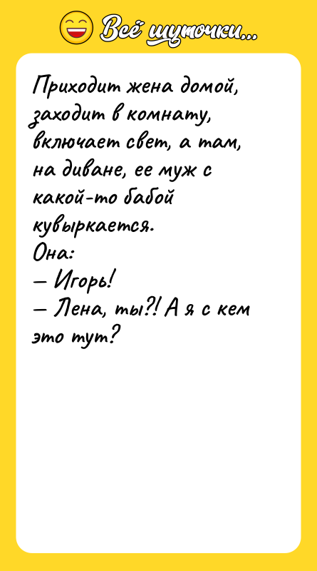 Приходит жена домой, заходит в комнату, включает свет, а там,