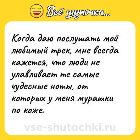 Шутка: Когда даю послушать мой любимый трек, мне всегда кажется, что люди не улавливает те самые чудесные ноты, от которых у меня мурашки по коже.
