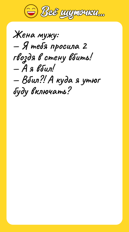 Жена мужу: — Я тебя просила 2 гвоздя в стену