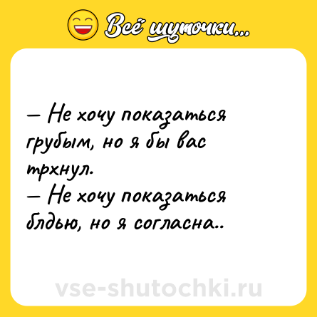 Шутка: — Не хочу показаться грубым, но я бы вас трхнул.<br>— Не хочу показаться блдью, но я согласна..