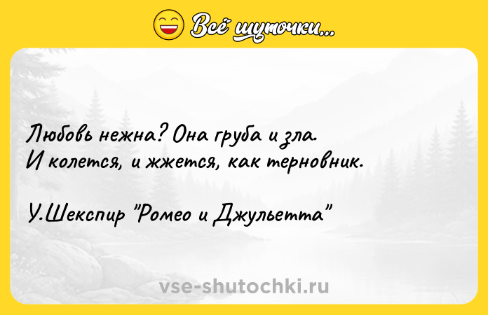 Цитата: Любовь нежна? Она груба и зла.И колется, и жжется, как терновник.У.Шекспир Ромео и Джульетта
