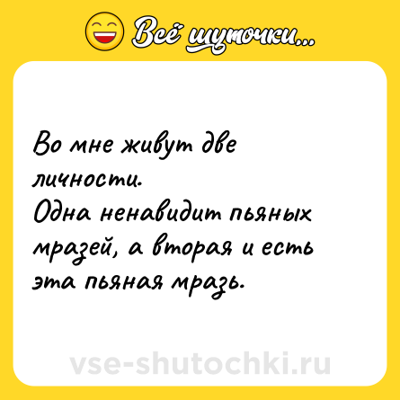 Шутка: Во мне живут две личности. <br>Одна ненавидит пьяных мразей, а вторая и есть эта пьяная мразь.
