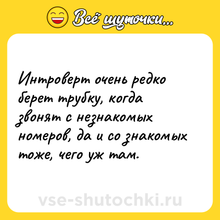 Шутка: Интроверт очень редко берет трубку, когда звонят с незнакомых номеров, да и со знакомых тоже, чего уж там.