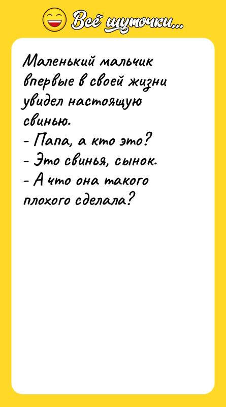 Маленький мальчик впервые в своей жизни увидел настоящую свинью. -