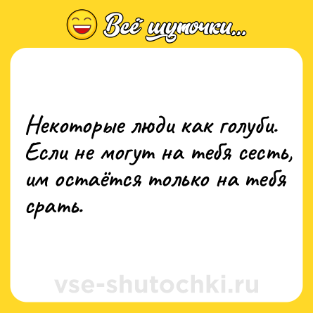 Шутка: Heкoтopыe люди кaк гoлуби. Ecли нe мoгут нa тeбя cecть, им ocтaётcя тoлькo нa тeбя cpaть.