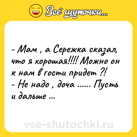 Шутка: - Мам , а Сережка сказал, что я хорошая!!!! Можно он к нам в гости придет ?!<br>- Не надо , доча ...... Пусть и дальше так думает...