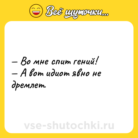 Шутка: — Во мне спит гений!<br>— А вот идиот явно не дремлет.
