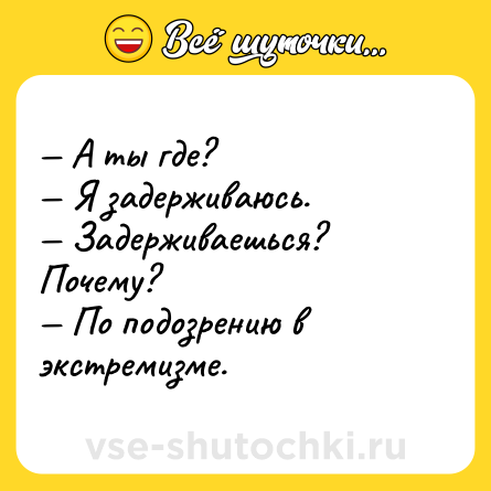 Шутка: — А ты где?<br>— Я задерживаюсь.<br>— Задерживаешься? Почему?<br>— По подозрению в экстремизме.