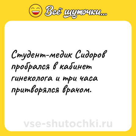 Шутка: Студент-медик Сидоров пробрался в кабинет гинеколога и три часа притворялся врачом.