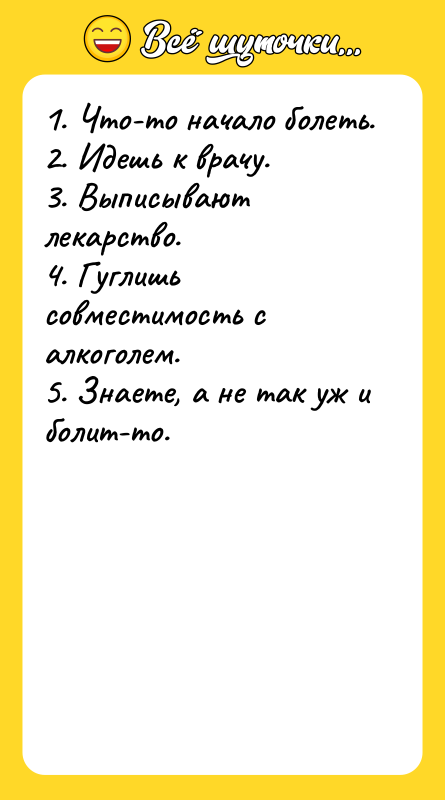 1. Что-то начало болеть. 2. Идешь к врачу. 3. Выписывают
