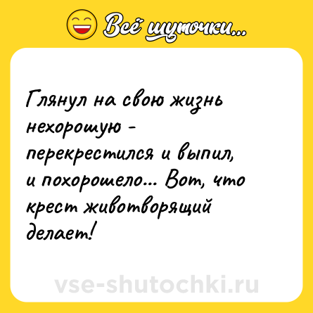 Шутка: Глянул на свою жизнь нехорошую - перекрестился и выпил, и похорошело... Вот, что крест животворящий делает!