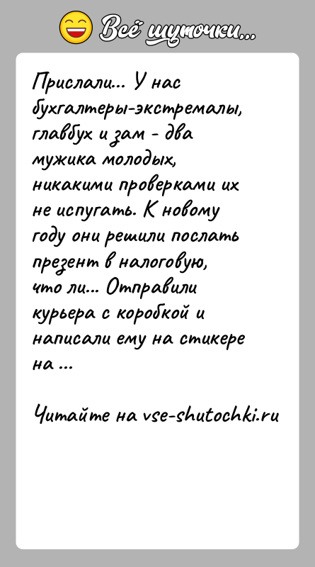 История: Прислали... У нас бухгалтеры-экстремалы, главбух и зам - два мужика молодых, никакими проверками их не испугать. К новому году они