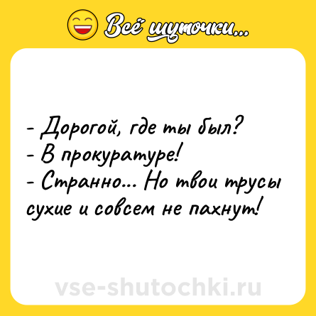 Шутка: - Дорогой, где ты был?<br>- В прокуратуре!<br>- Странно... Но твои трусы сухие и совсем не пахнут!