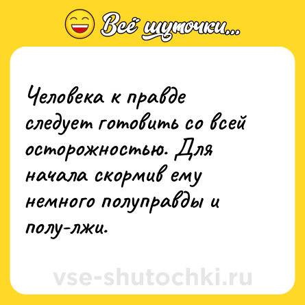 Шутка: Человека к правде следует готовить со всей осторожностью. Для начала скормив ему немного полуправды и полу-лжи.
