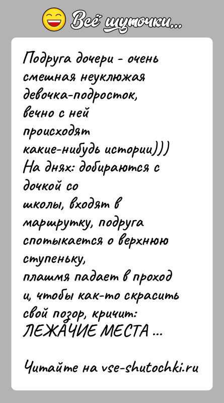 История: Подруга дочери - очень смешная неуклюжая девочка-подросток, вечно с нейпроисходят какие-нибудь истории))) На днях: добираются с дочкой сошколы, входят в
