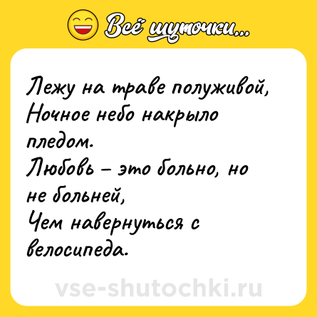 Шутка: Лежу на траве полуживой,<br>Ночное небо накрыло пледом.<br>Любовь – это больно, но не больней,<br>Чем навернуться с велосипеда.