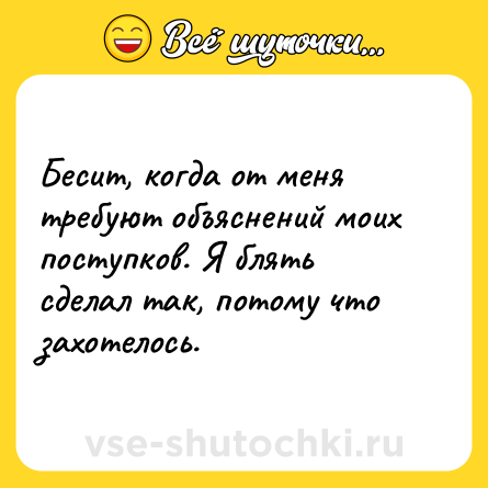 Шутка: Бесит, когда от меня требуют объяснений моих поступков. Я блять сделал так, потому что захотелось.