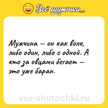 Шутка: Мужчина — он как волк, либо один, либо с одной. А кто за овцами бегает — это уже баран.