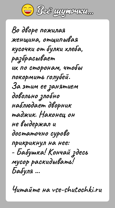 История: Во дворе пожилая женщина, отщипывая кусочки от булки хлеба, разбрасываетих по сторонам, чтобы покормить голубей.За этим ее занятием довольно злобно