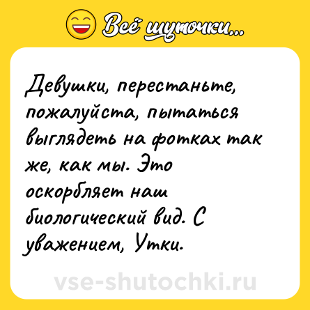 Шутка: Девушки, перестаньте, пожалуйста, пытаться выглядеть на фотках так же, как мы. Это оскорбляет наш биологический вид. С уважением, Утки.
