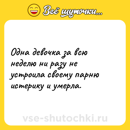 Шутка: Одна девочка за всю неделю ни разу не устроила своему парню истерику и умерла.
