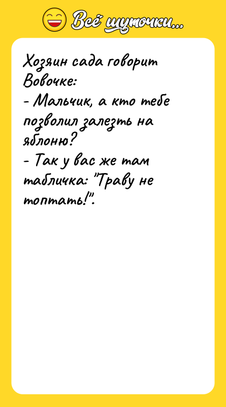 Хозяин сада говорит Вовочке: - Мальчик, а кто тебе позволил