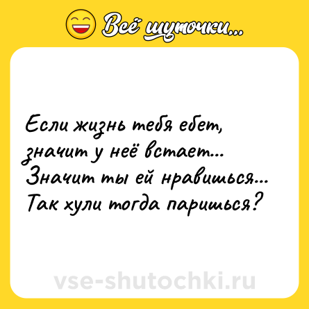 Шутка: Если жизнь тебя ебет, значит у неё встает... Значит ты ей нравишься... Так хули тогда паришься?