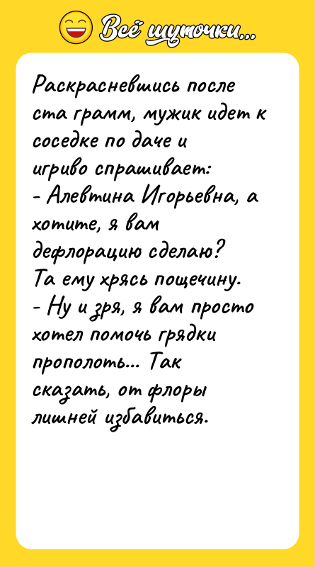 Раскрасневшись после ста грамм, мужик идет к соседке по даче